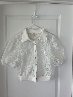 Peach White Lace Sheer Button Front Blouse Size L